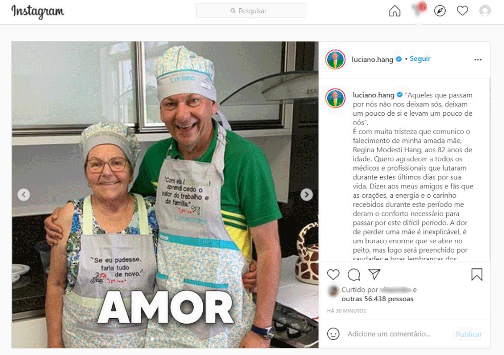 Luciano Hang com a mãe, Regina — Foto: Reprodução/Arquivo pessoal